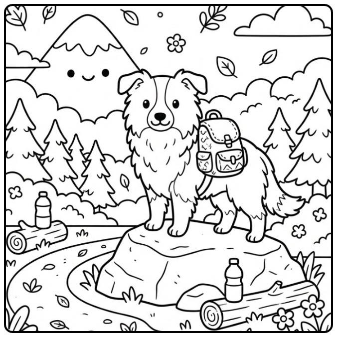 Vrolijke kleurplaat border collie met rugzak in de natuur.