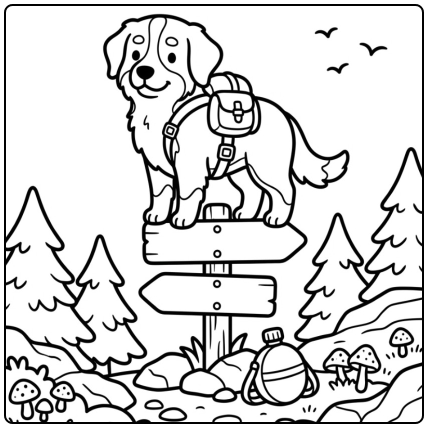 Een avontuurlijke hond op een wegwijzer, kleurplaat berner sennenhond.