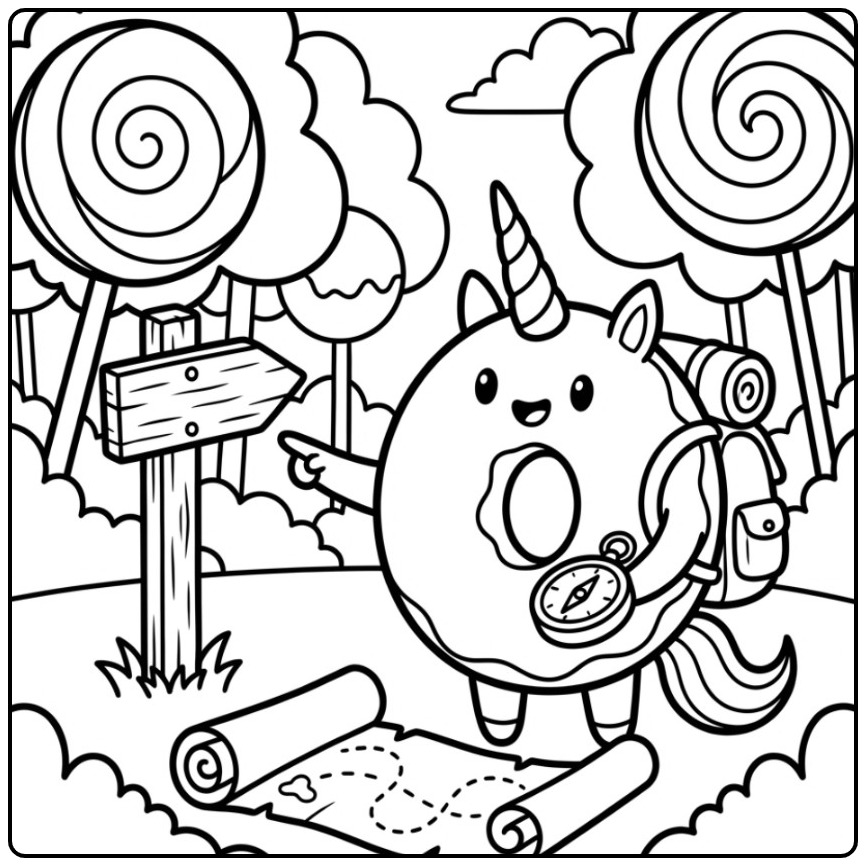 Avontuurlijke kleurplaat donut unicorn met kaart en kompas