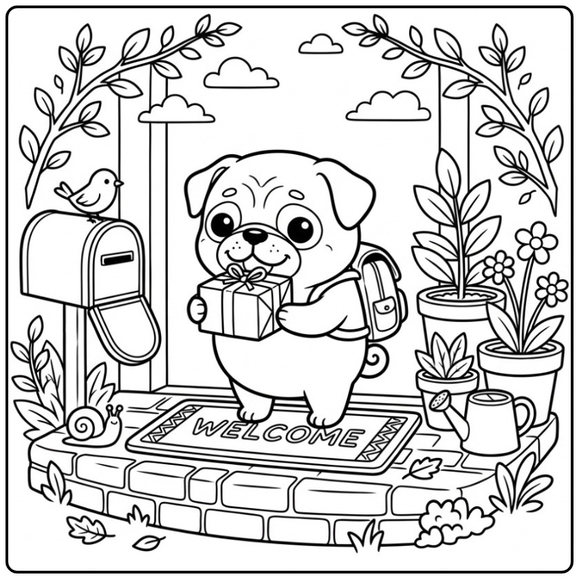 Een schattige kleurplaat mopshond met een cadeau bij de deur.