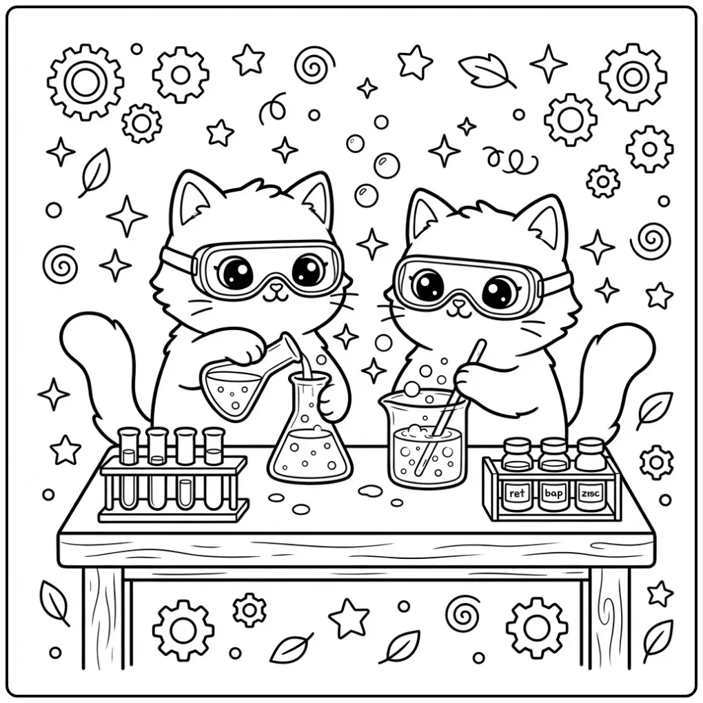 Cute wetenschapper katten kleurplaat met drankjes.