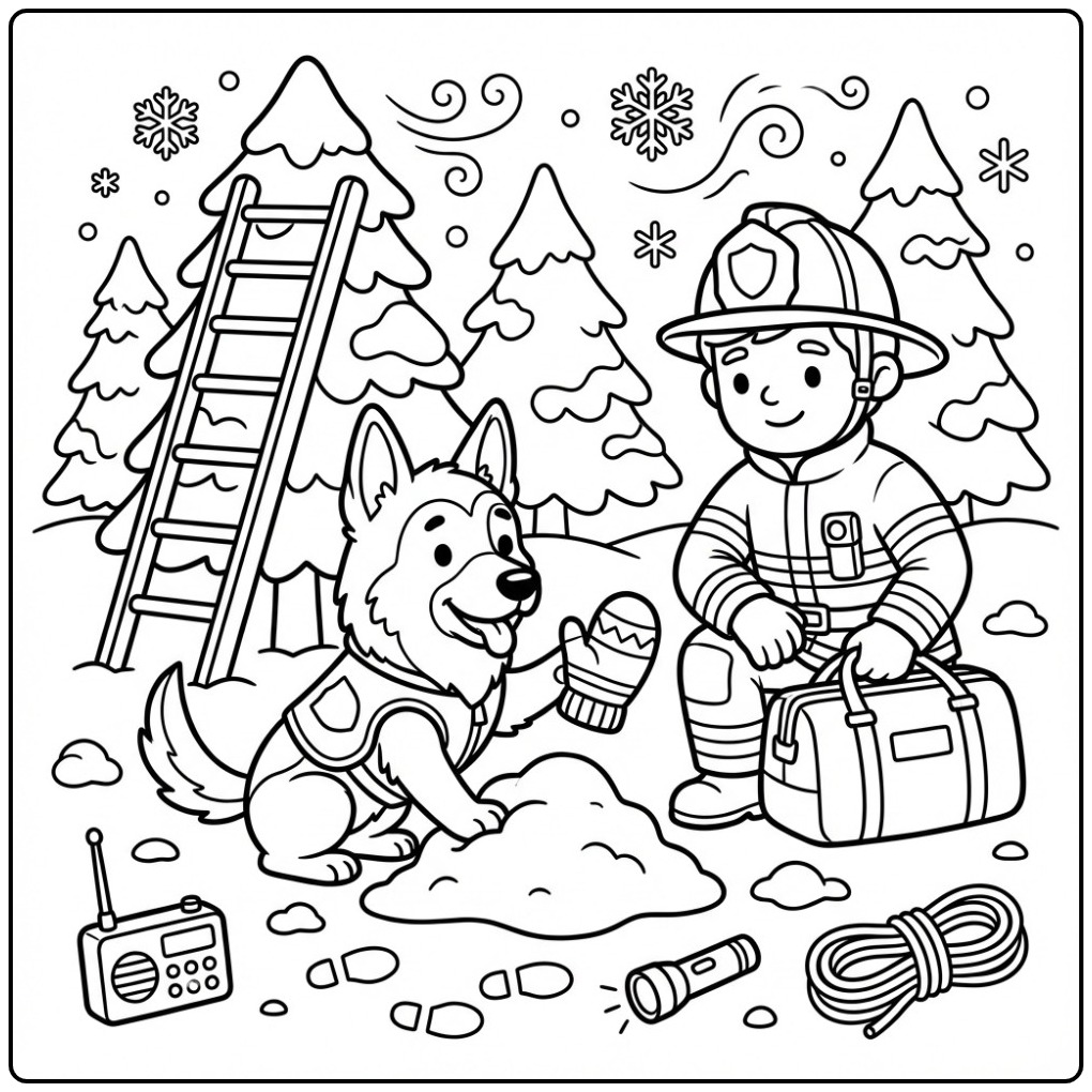 Brandweerman met een vrolijke kleurplaat duitse herder in de sneeuw.