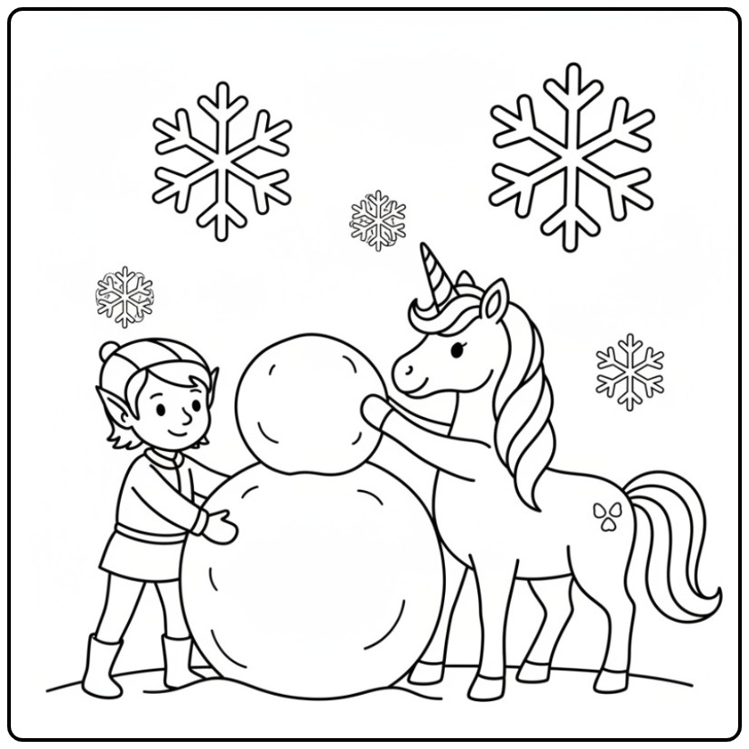 Vrolijke kleurplaat elfje en eenhoorn die een sneeuwpop maken.