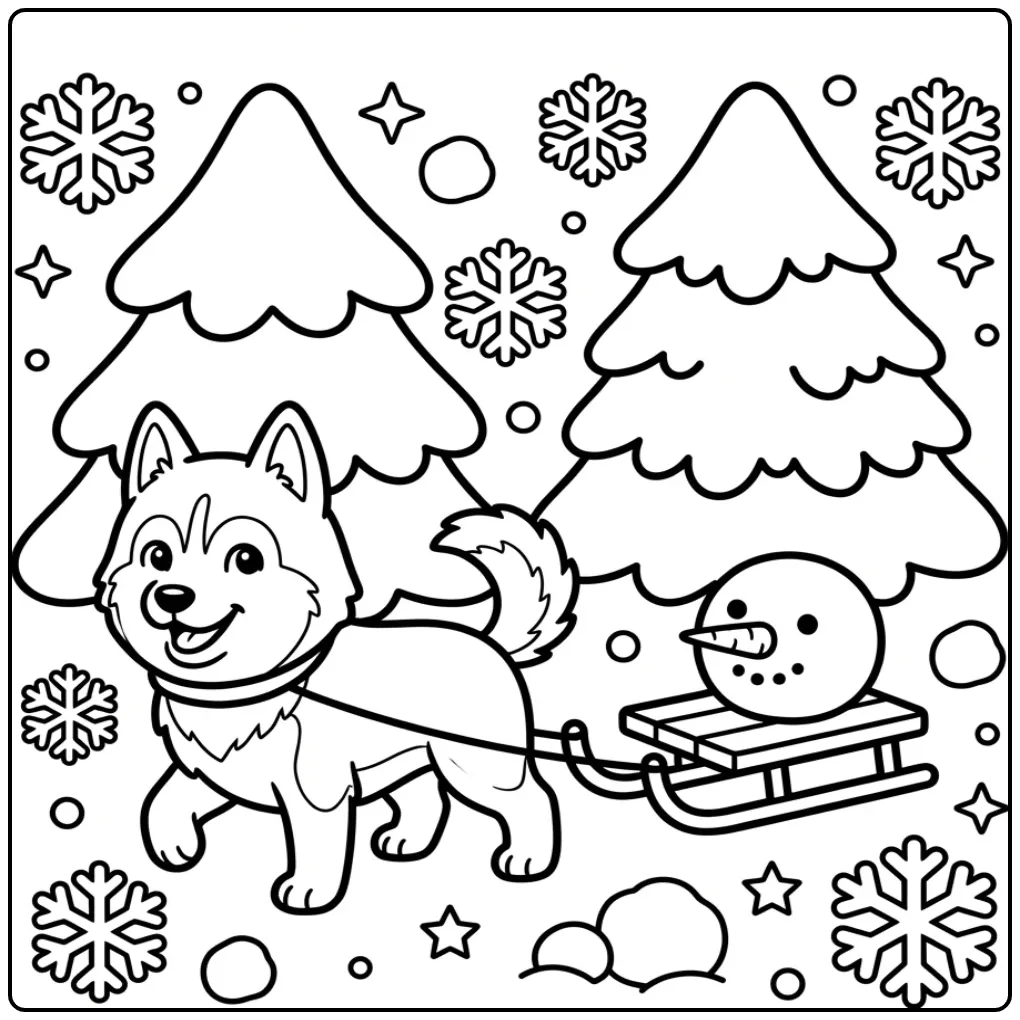 Een vrolijke husky op een kleurplaat hond makkelijk met slee.