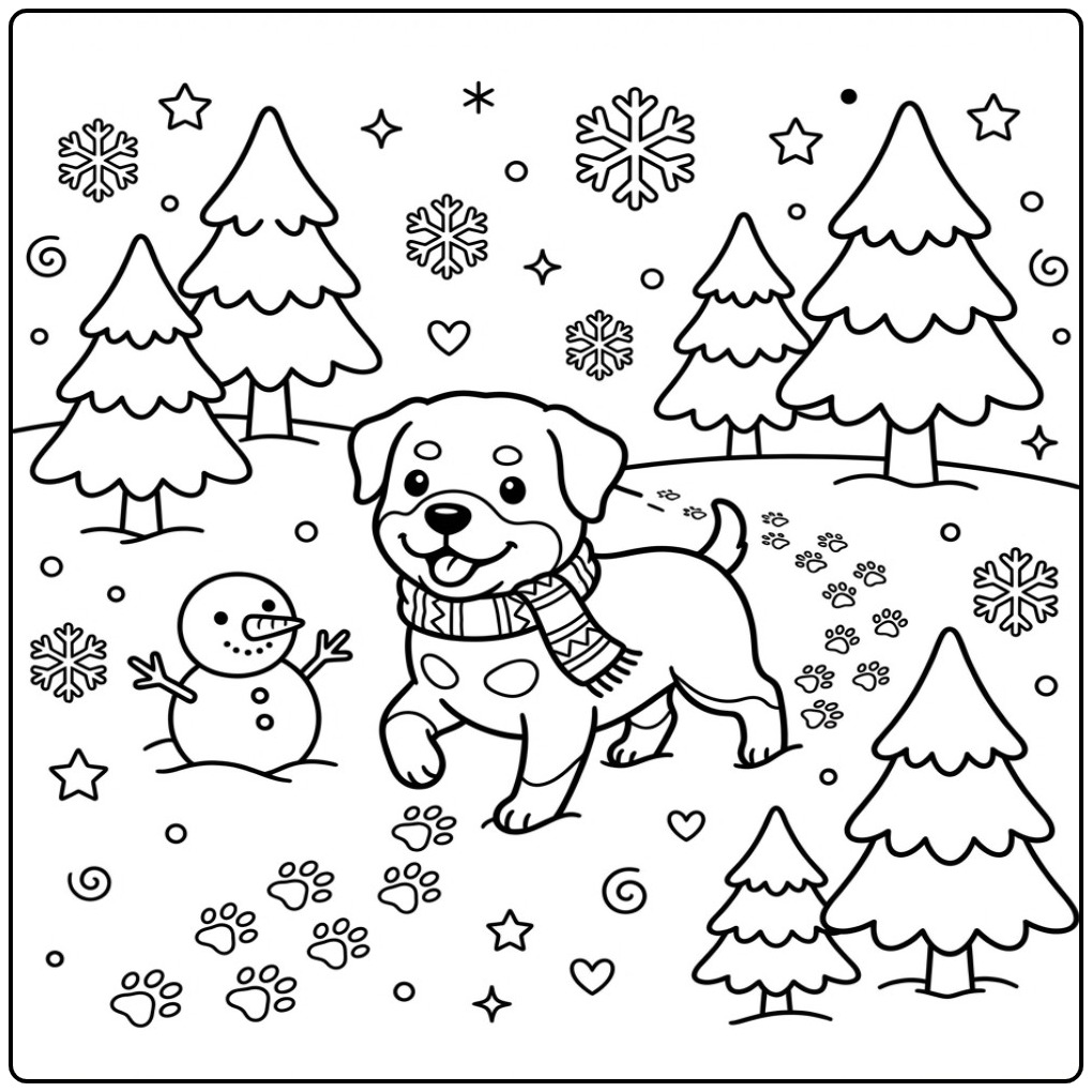 Een schattige rottweiler kleurplaat met een sjaal in de sneeuw.