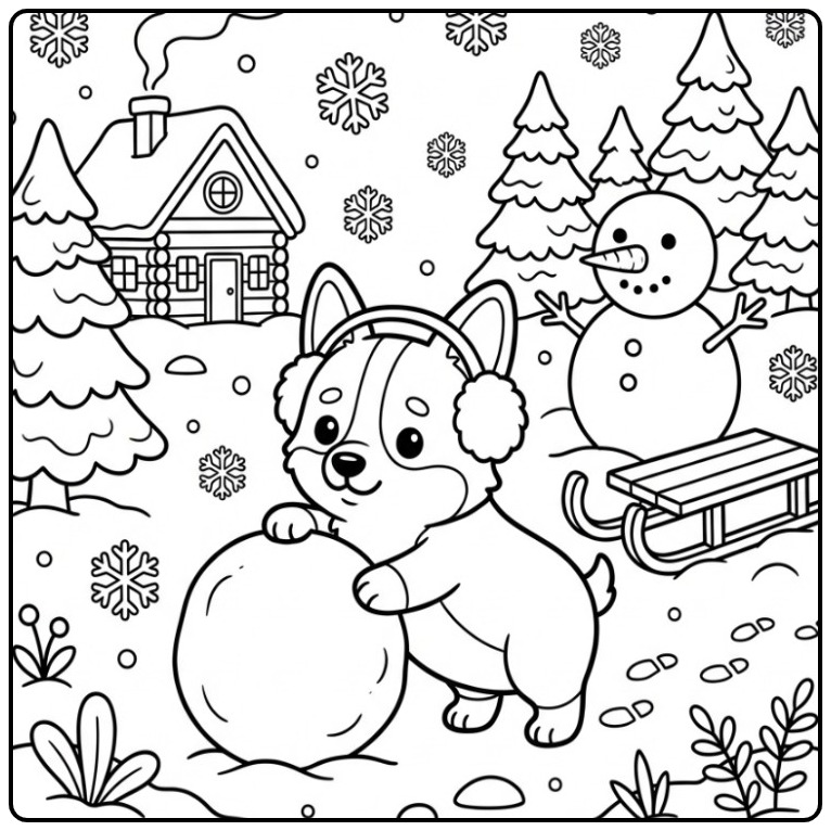 Een leuke corgi kleurplaat van een hondje in een winterscène.