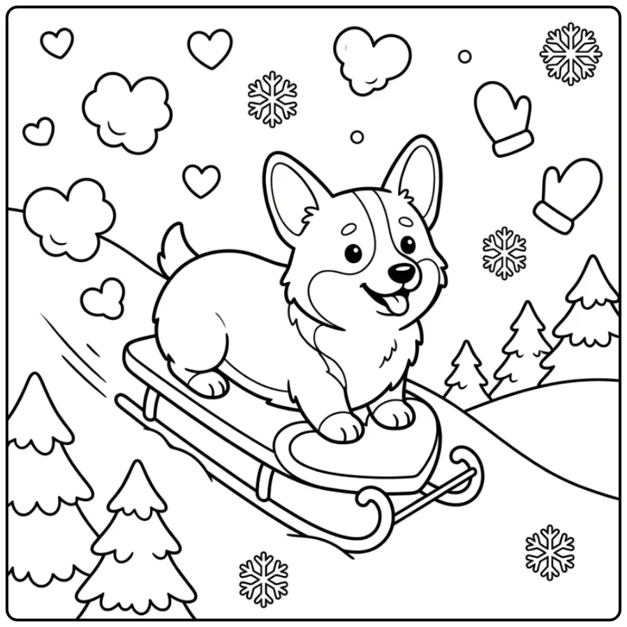 Vrolijke Corgi op een slee, een kleurplaat hond met hartjes.