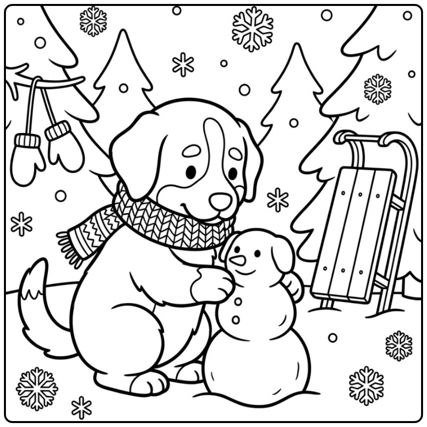 Leuke kleurplaat berner sennenhond die een sneeuwpop bouwt.