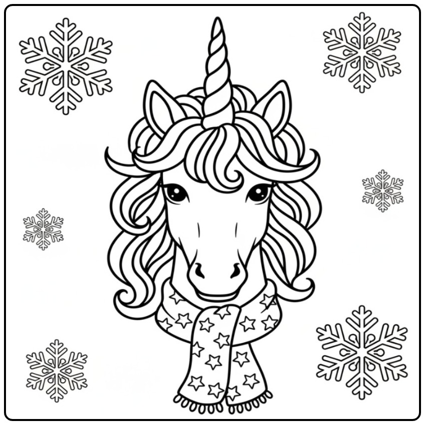 Een schattige kleurplaat eenhoorn hoofd met een warme sjaal.
