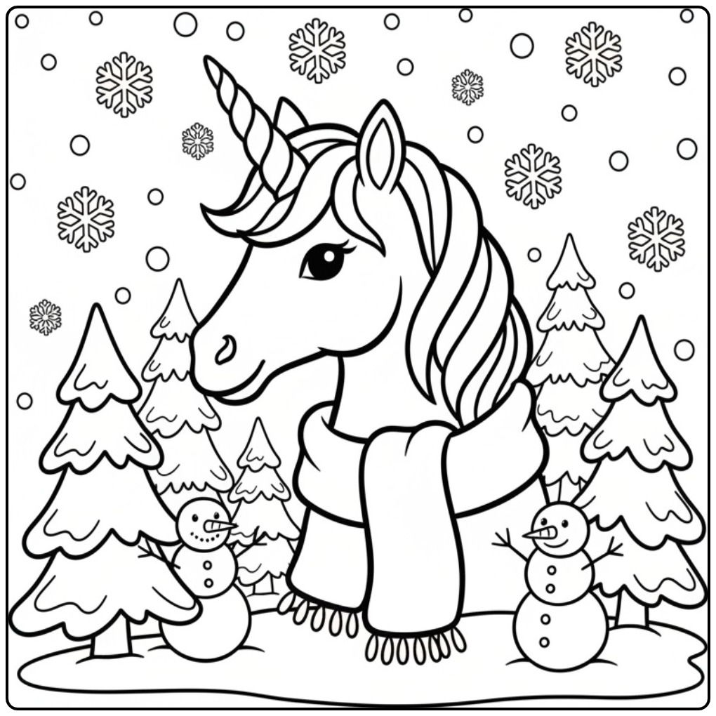Vrolijke kleurplaat eenhoorn hoofd in een sneeuwlandschap.