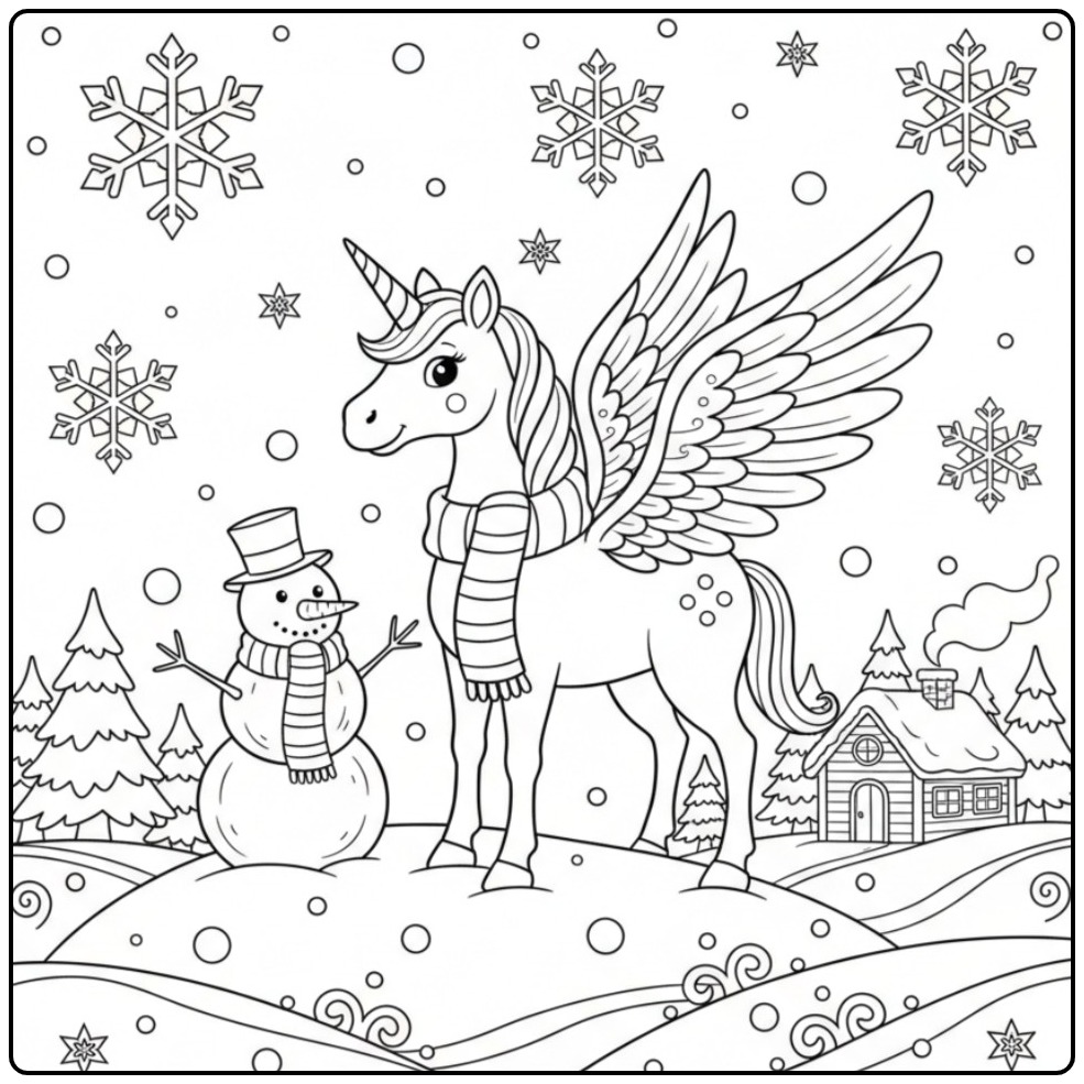 Een schattige kleurplaat eenhoorn met vleugels en een sjaal.