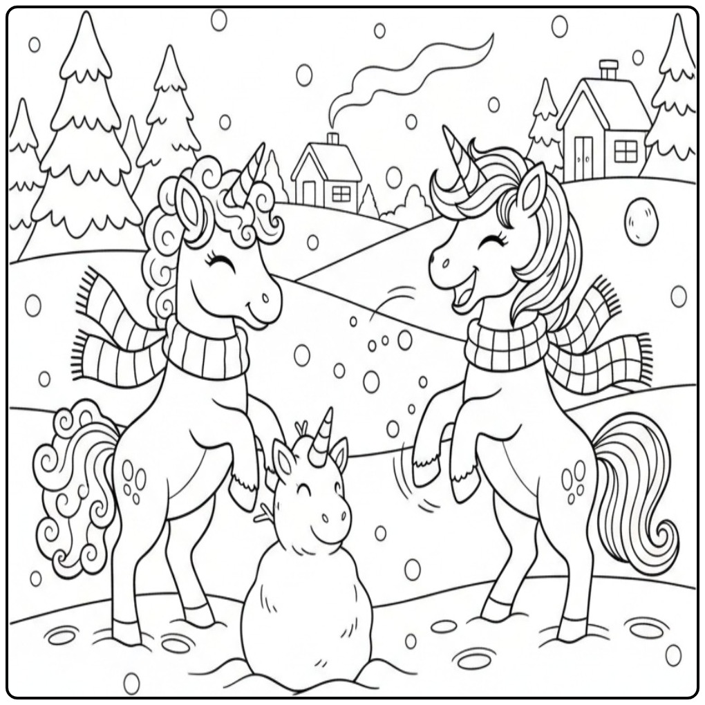 Vrolijke kleurplaat eenhoorn schattig die een sneeuwpop bouwt.