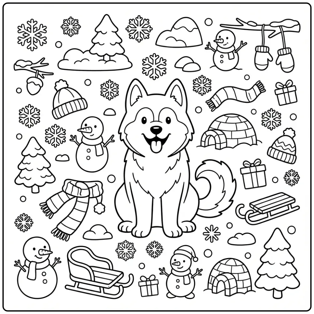 Vrolijke husky in de sneeuw kleurplaat hond schattig.