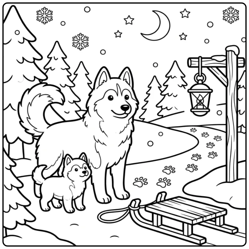 Siberische Husky kleurplaat honden puppies in de sneeuw