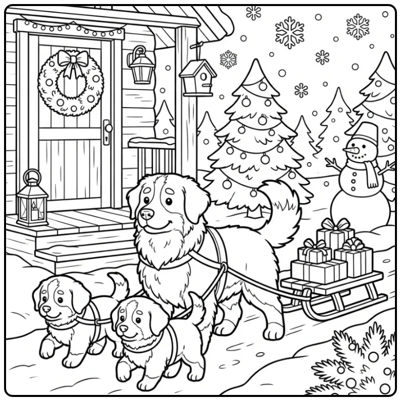 Berner Sennen kleurplaat honden puppies trekken slee.