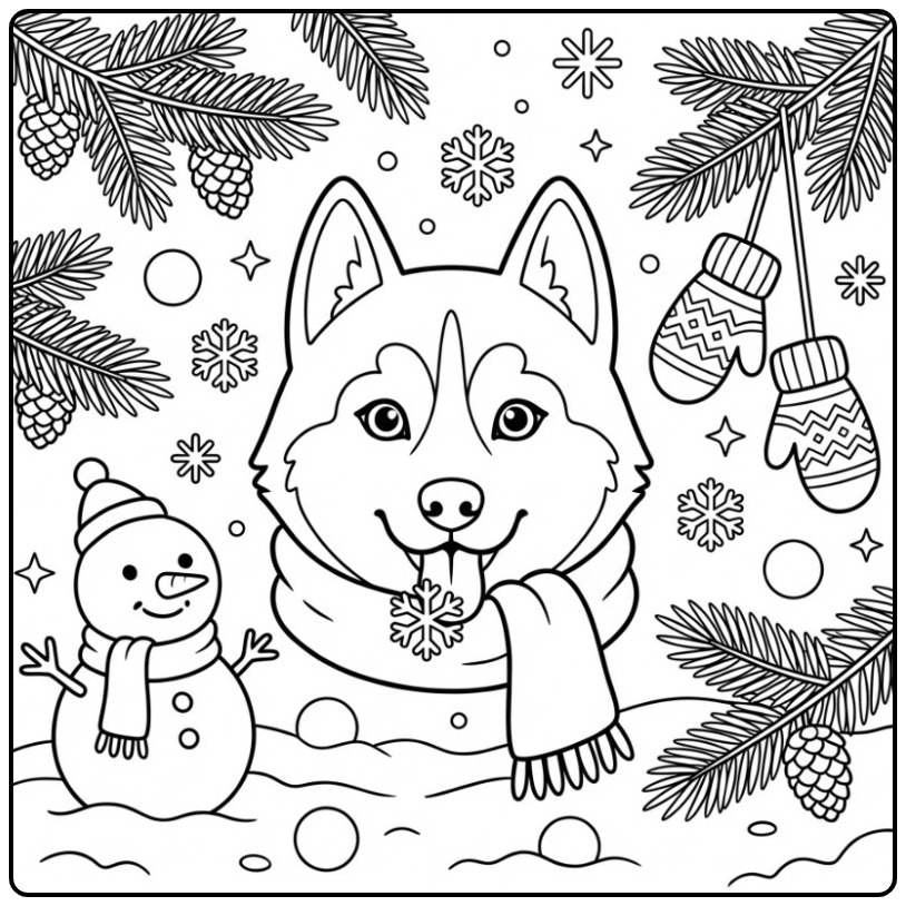 Vrolijke kleurplaat hondenkop van een Husky met een dikke sjaal.