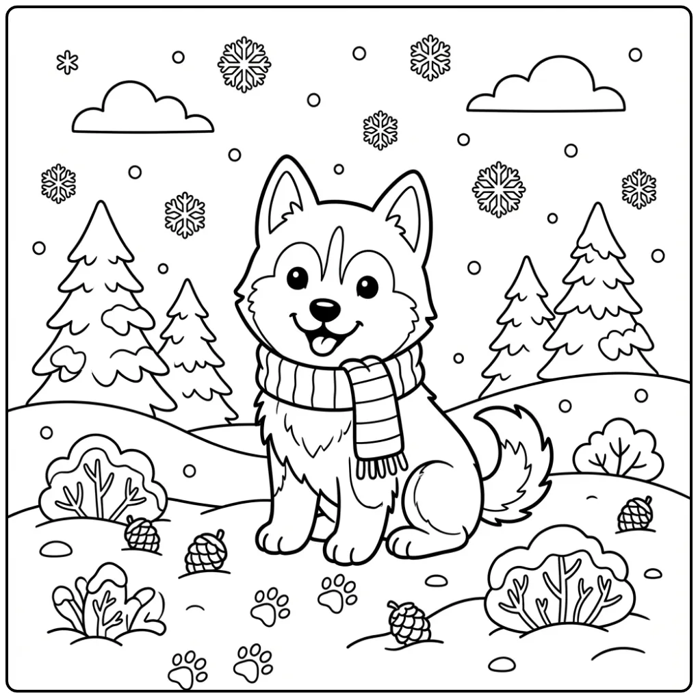 Schattige kleurplaat husky puppy in de sneeuw met een sjaal.