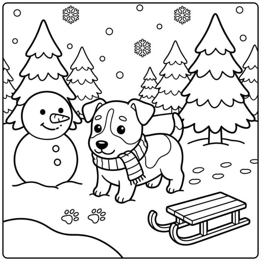 Schattige kleurplaat jack russel in de sneeuw met een slee.