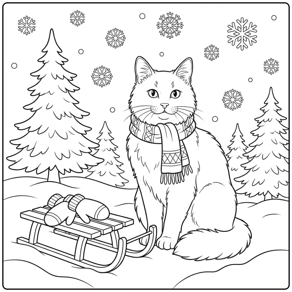 Kleurplaat kat in de sneeuw met wanten en dennenbomen.