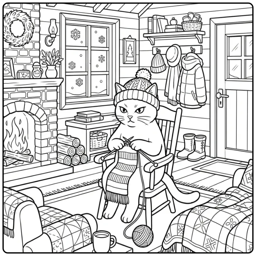 Kleurplaat kat moeilijk: breiende kat in winterse blokhut.