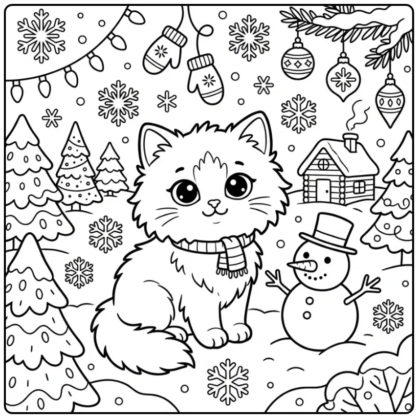 Mooie kleurplaat kitten schattig naast een sneeuwpop.