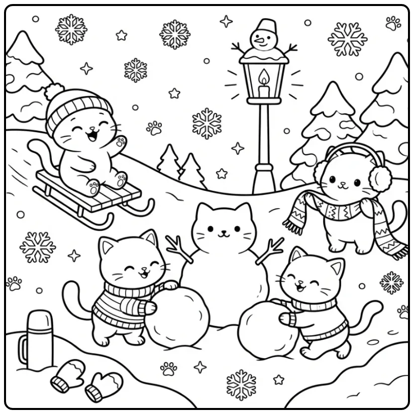 Schattige kleurplaat kittens spelen buiten in de sneeuw.