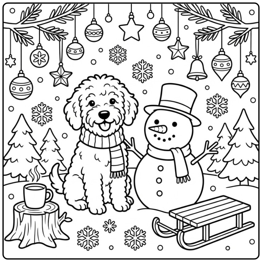 Vrolijke kleurplaat labradoodle met een sneeuwpop in de sneeuw.