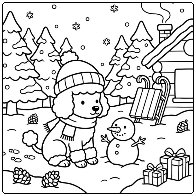 Schattige kleurplaat poedel in een winters sneeuwlandschap.