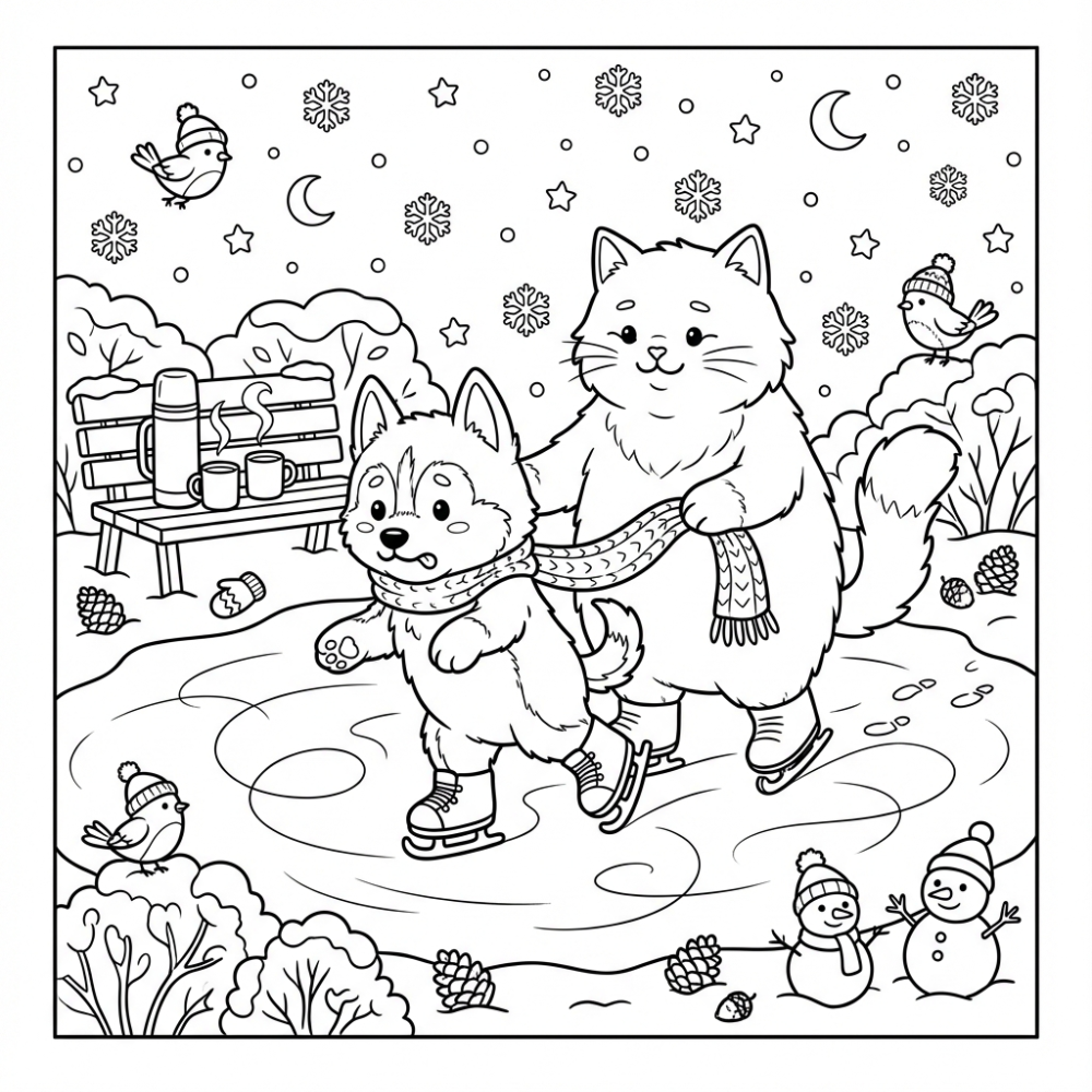 Schattige kleurplaat puppy en kat op het ijs in de winter