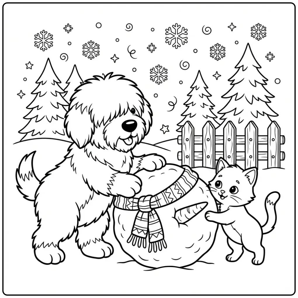 Leuke kleurplaat puppy en kitten rollen grote sneeuwbal.