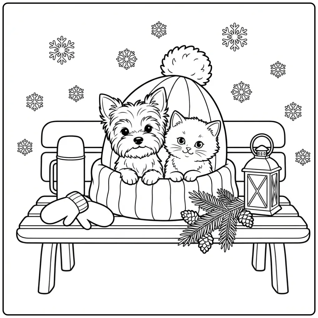 Een schattige kleurplaat puppy en kitten in een wintermuts.