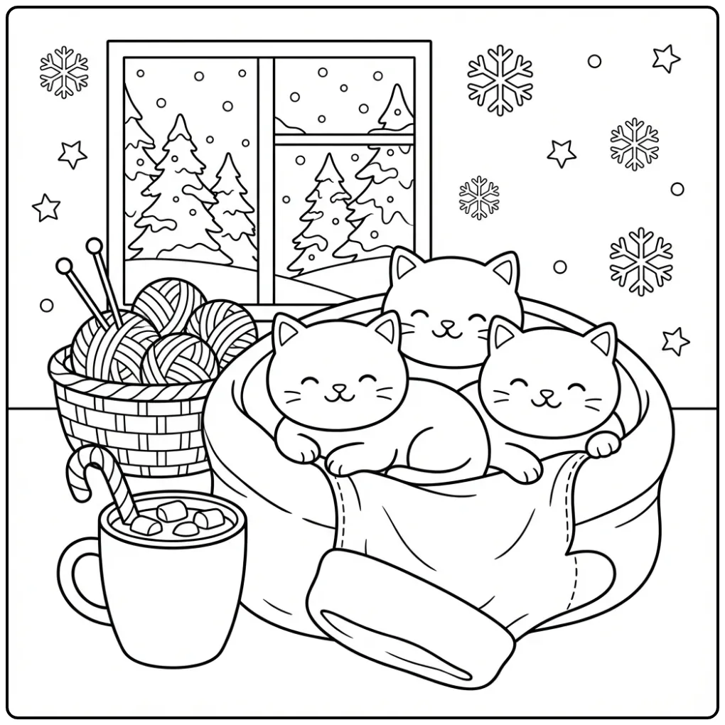 Kleurplaat schattige katjes in een want bed met warme choco.