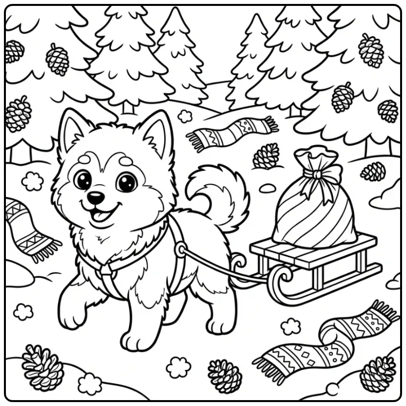Een Alaskan Malamute kleurplaat schattige puppy met slee.