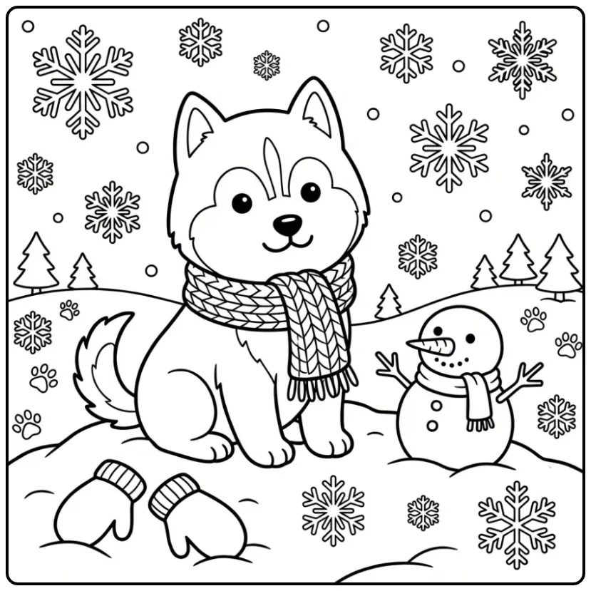 Kleurplaat schattige puppy husky in de sneeuw met sjaal.