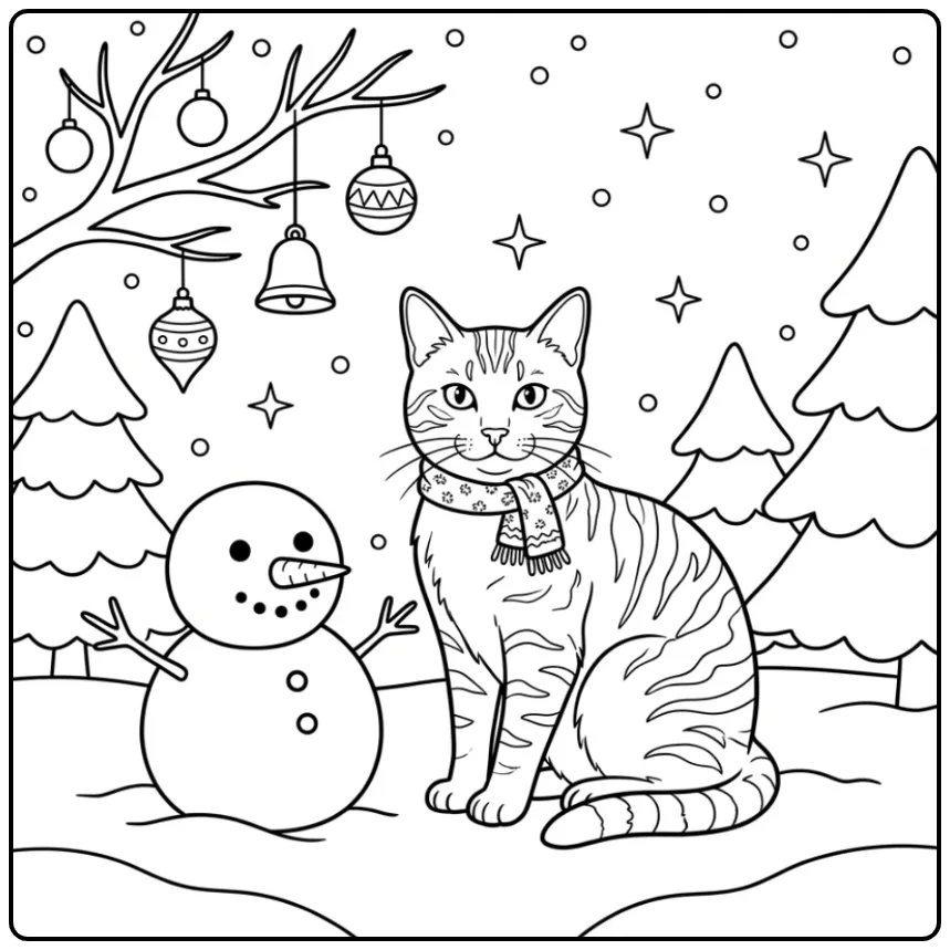 Een schattige kat kleurplaat met sjaal en sneeuwpop.