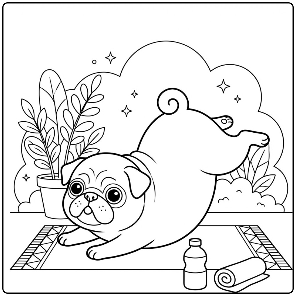 Een schattige kleurplaat mopshond die een yoga pose doet.