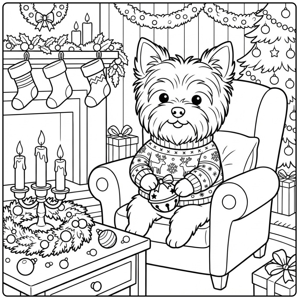 Schattige kleurplaat kerst hond in een foute kersttrui.