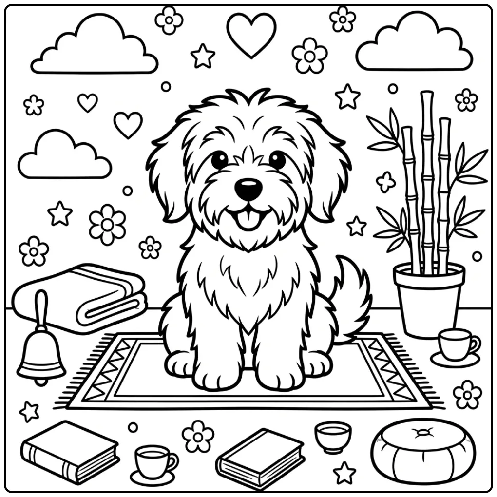 Kleurplaat schattige puppy als mediterende Tibetaanse Terriër.