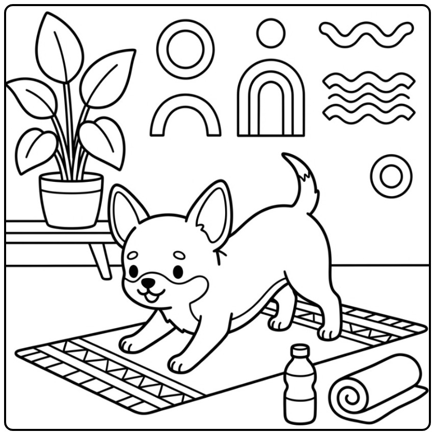 Een schattige kleurplaat chihuahua die yoga doet op een mat.