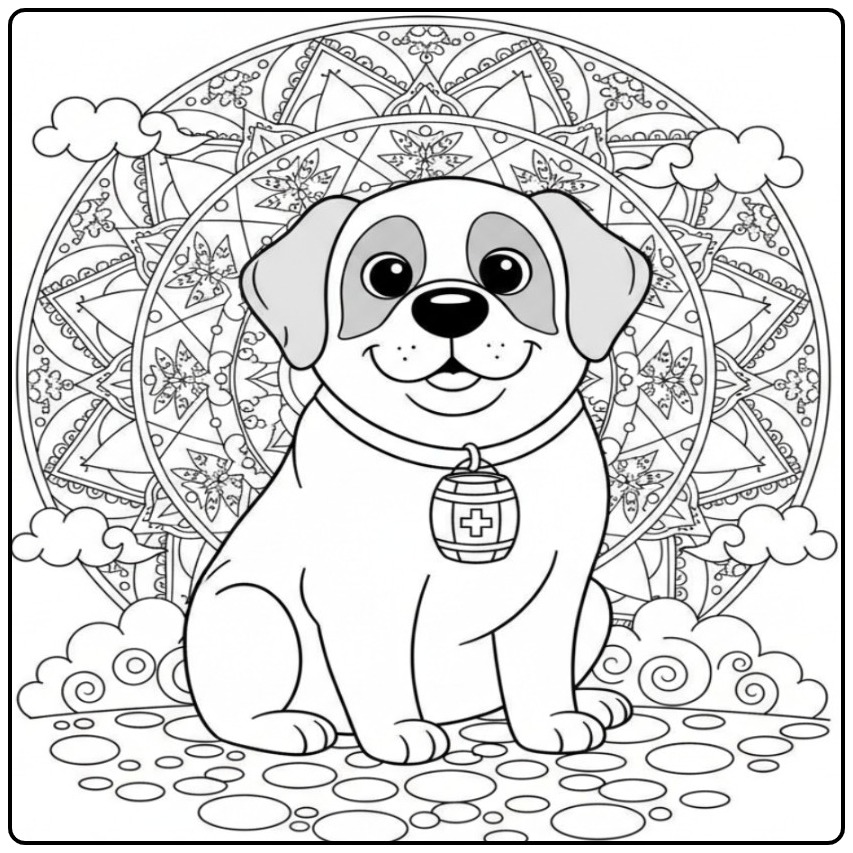 Schattige kleurplaat mandala hond als Sint-Bernard bergredder.