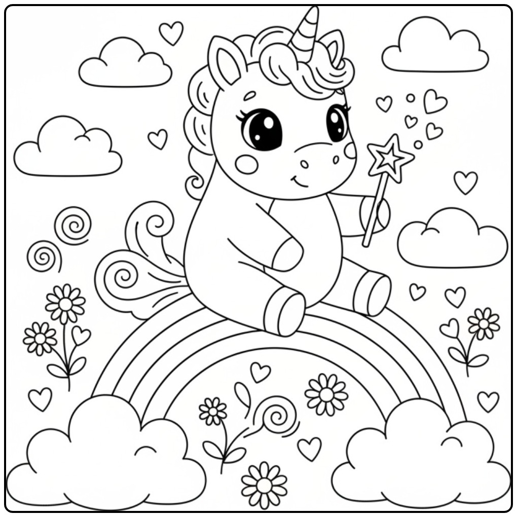 Een schattige kleurplaat unicorn regenboog met een toverstaf.
