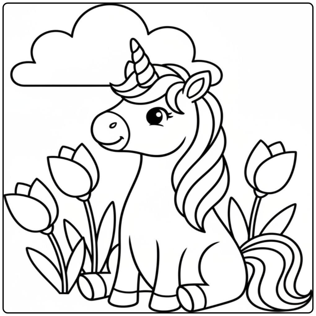 Een schattige unicorn kleurplaat makkelijk met tulpen en een wolk.
