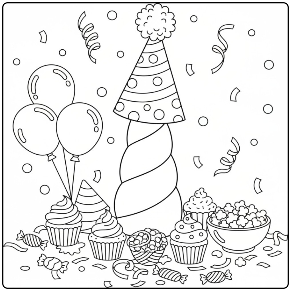 Feestelijke Kleurplaat eenhoorn hoorn verjaardag met cakejes.