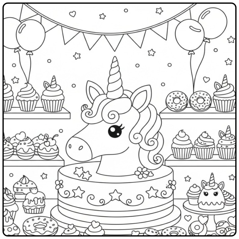 Feestelijke Kleurplaat unicorn hoofd verjaardag met taart.