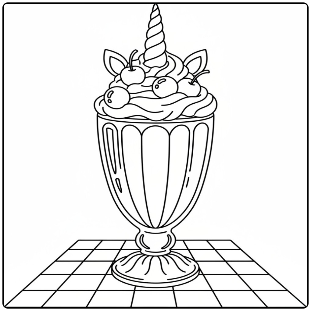 Leuke kleurplaat unicorn ijsje met slagroom en kersen om in te kleuren.
