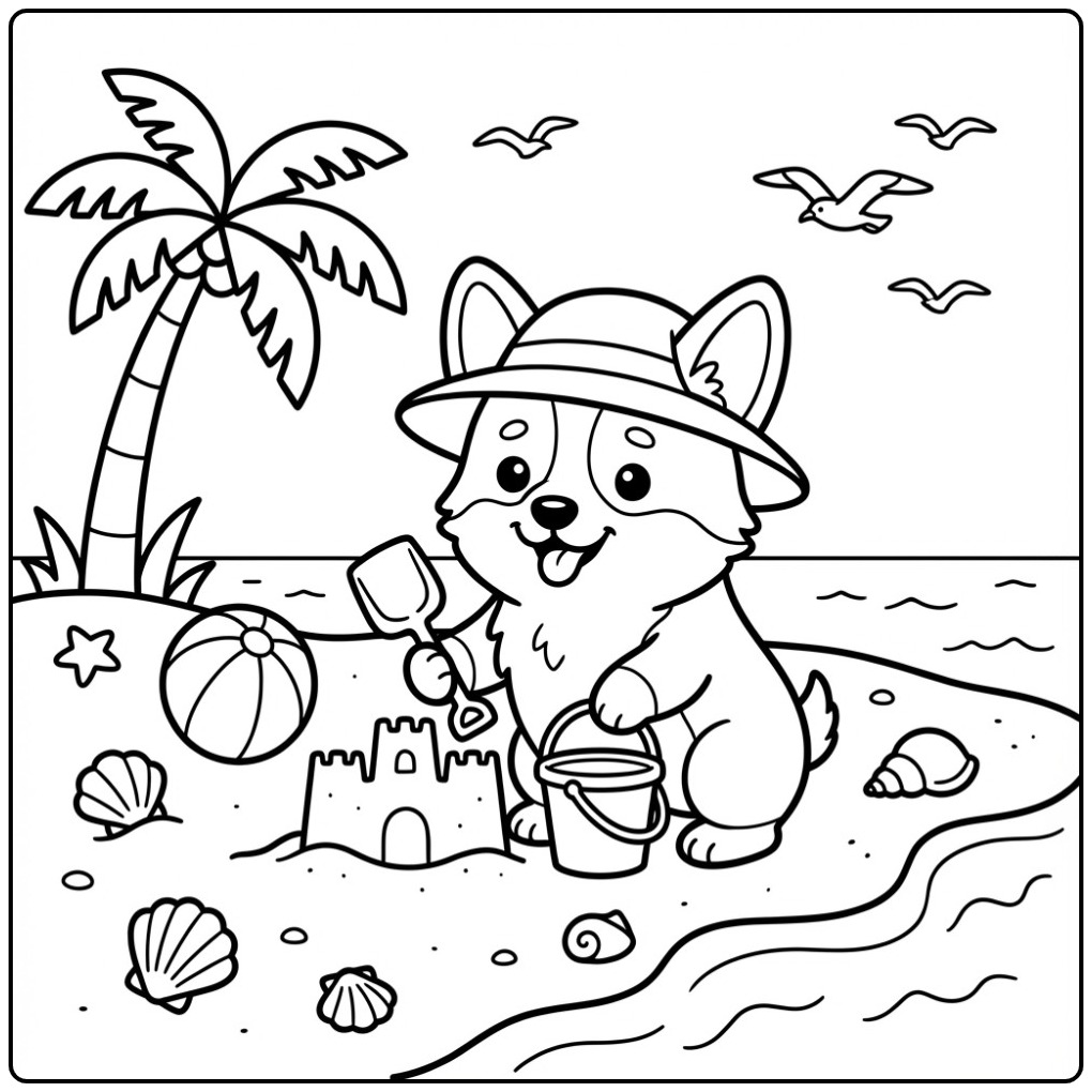 Een schattige corgi kleurplaat van een hond op het strand.