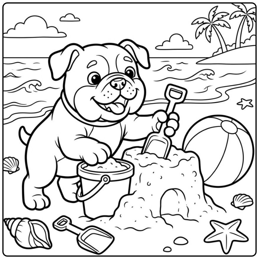 Een schattige kleurplaat bulldog die op het strand speelt.