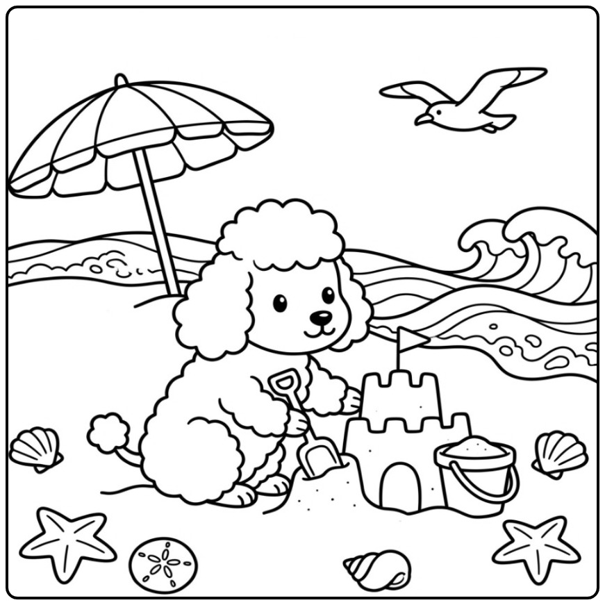 Schattige kleurplaat poedel bouwt een zandkasteel op het strand.