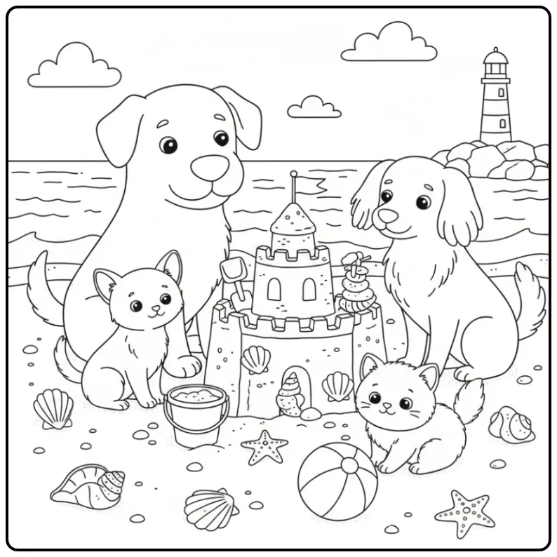 Vrolijke kleurplaat honden en katten die spelen op het strand.