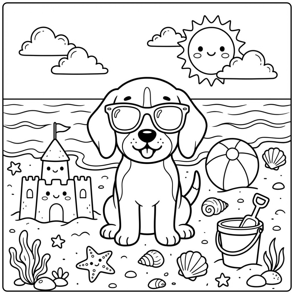Een vrolijke kleurplaat beagle op het strand met zonnebril.